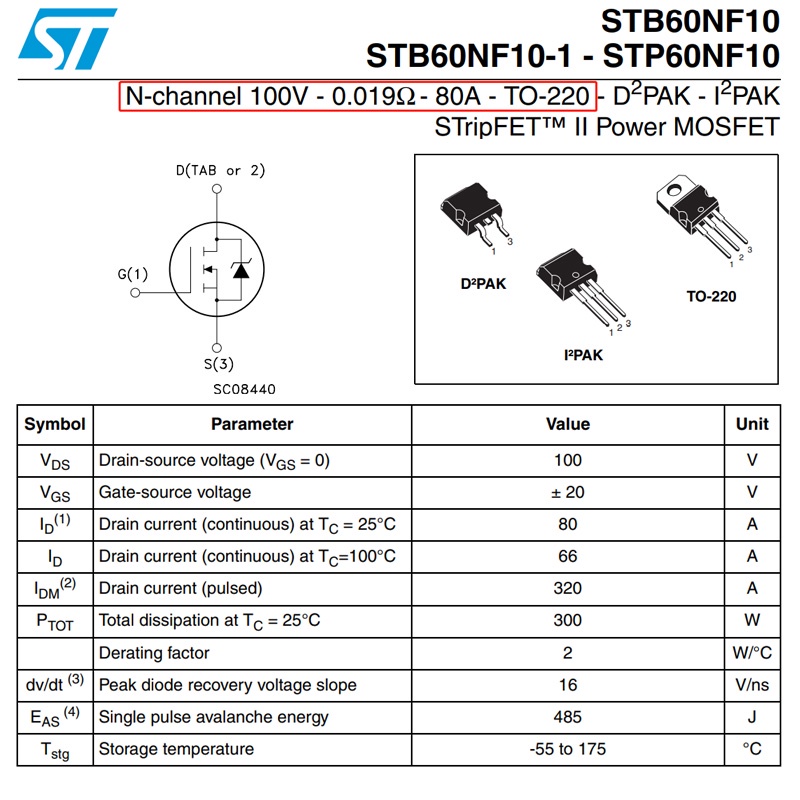 TR P60NF10 STP60NF10 80A 100V TO-220 TRANSISTOR POWER MOSFET