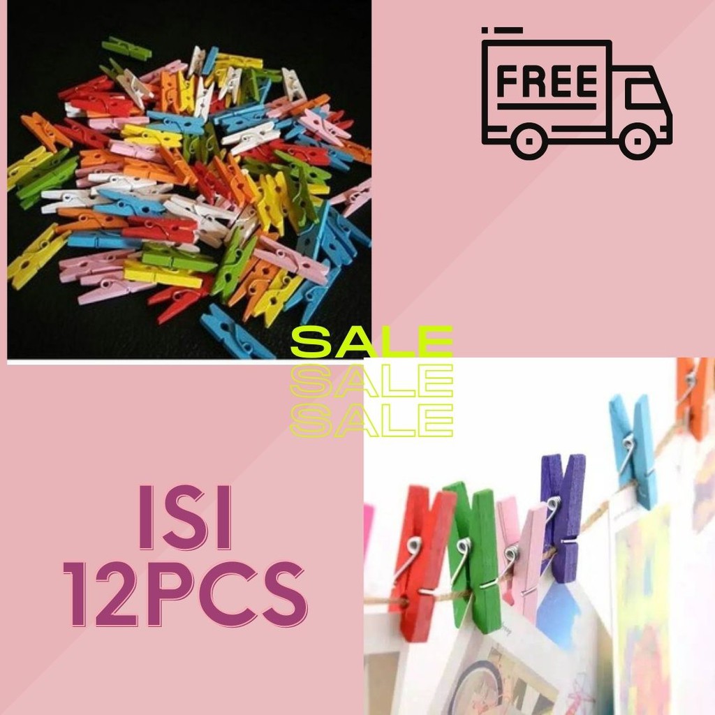 [ISI 12PCS] KLIP JEPIT FOTO HIAS LAMPU TUMBLR LED WOODEN CLIP GANTUNG PENJEPIT KAYU WARNA