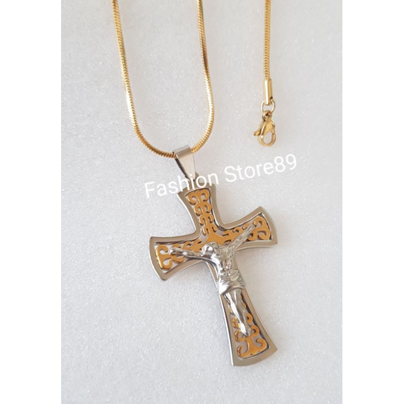 kalung salib fashion gold kombinasi white Titanium Antikarat ready stok impor