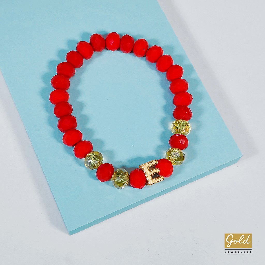 Gelang tali emas kuning kadar 700 70% charm inisial E bsr batu merah