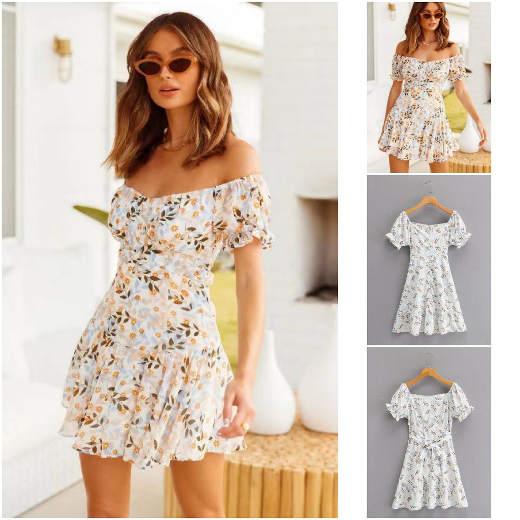 DRESS PANTAI WANITA PUTIH MODEL OFFSHOULDER MOTIF BUNGA PREMIUM 6VEN1324