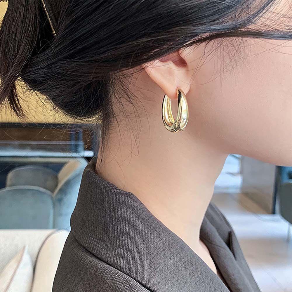 Agustina Wanita Anting Hoop Temperamen Perhiasan Fashion Sederhana Oval Bulat Gadis Stud Earrings
