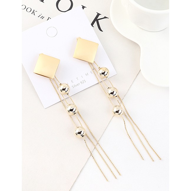 LRC Anting Tusuk Fashion Golden Long Fringe Ball Square Earrings Y63204