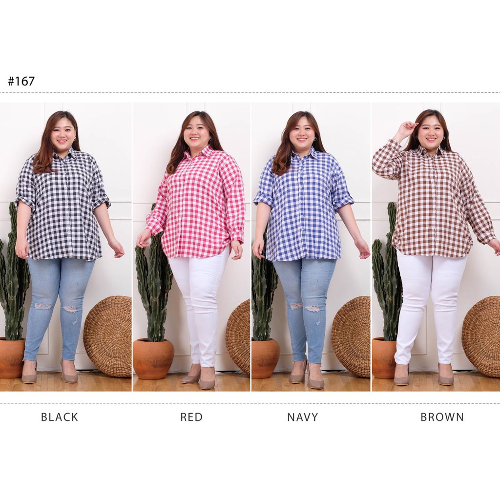 Dinzlie Kemeja Atasan Wanita Motif Kotak Kotak Bahan Katun Lengan Panjang