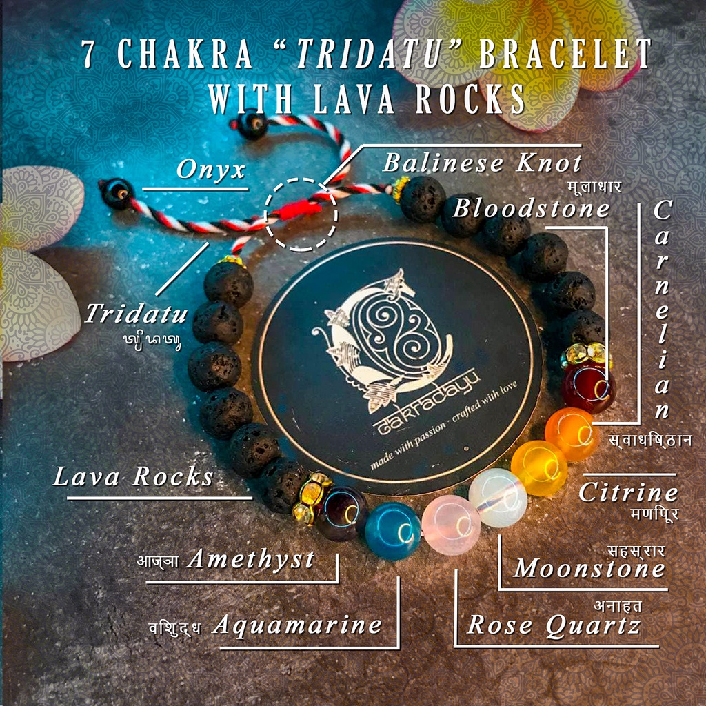 Gelang Tridatu Cakra 7 Batu Kristal dengan Lava Rock - Gelang Energi Chakra untuk Keseimbangan dan Ketenangan