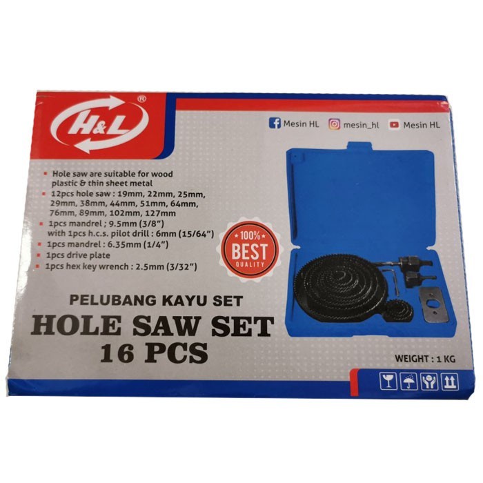 H&amp;L Hole Saw Set Kit 16 Pcs Holesaw Pelubang Kayu