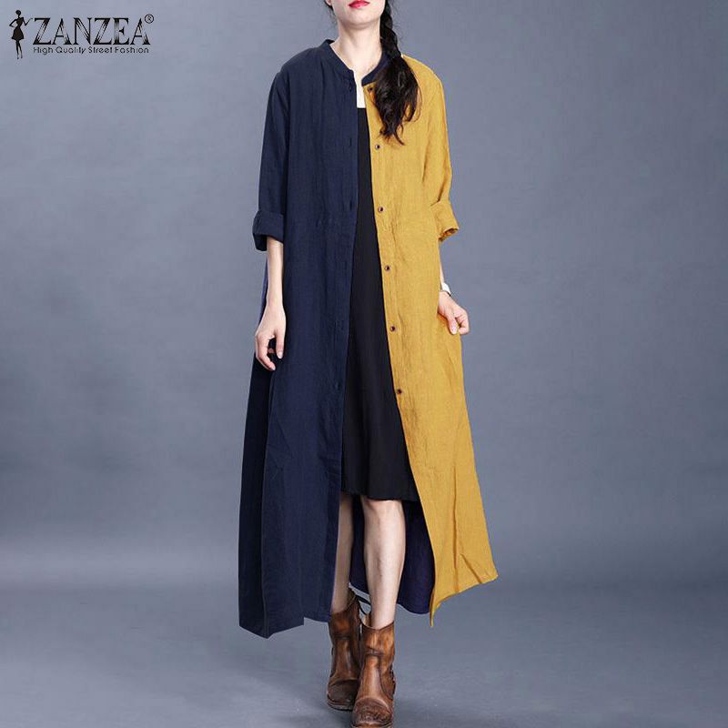 ZANZEA Dress Maxi Tambal Sulam Wanita, Gaun Lengan Panjang Katun Berkancing, Ukuran Besar
