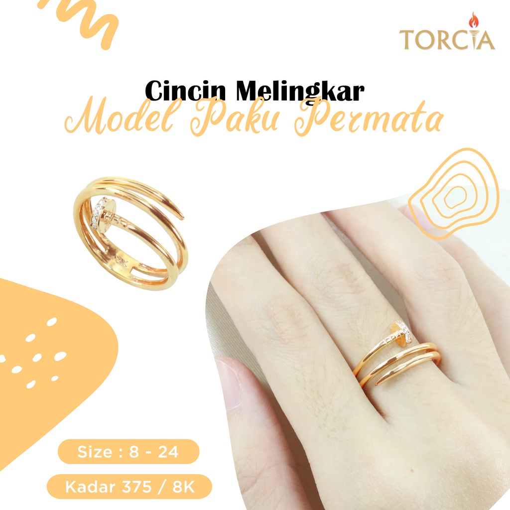 Cincin Emas Asli Melingkar Model Paku Permata Kadar 375 Torcia