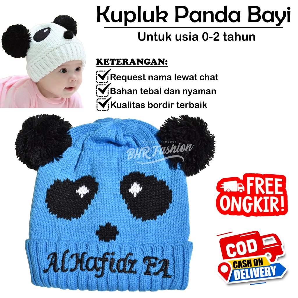 Kupluk Panda Anak 0-2 Tahun Free Bordir Nama