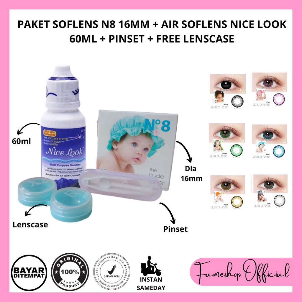 PAKET SOFTLENS N8 DIA 16MM + CAIRAN NICE LOOK 60ML + PINSET + LENSCASE / COD INSTAN SAMEDAY / LENSA KONTAK / PAKET MURAH