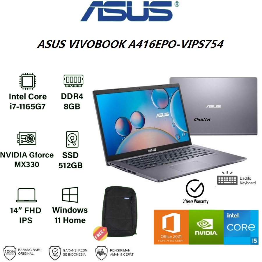 ASUS A416EPO-VIPS754 I7-1165G7 14" FHD IPS 8GB 512GB MX330 2GB W11 OHS
