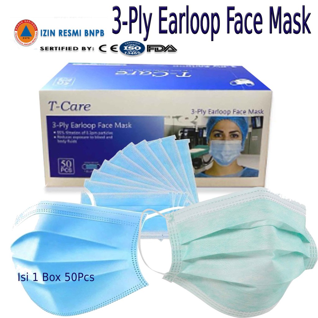 Masker Medis aman 3 ply Earloop 1 Box Isi 50Pcs T-Care ada Izin resmi