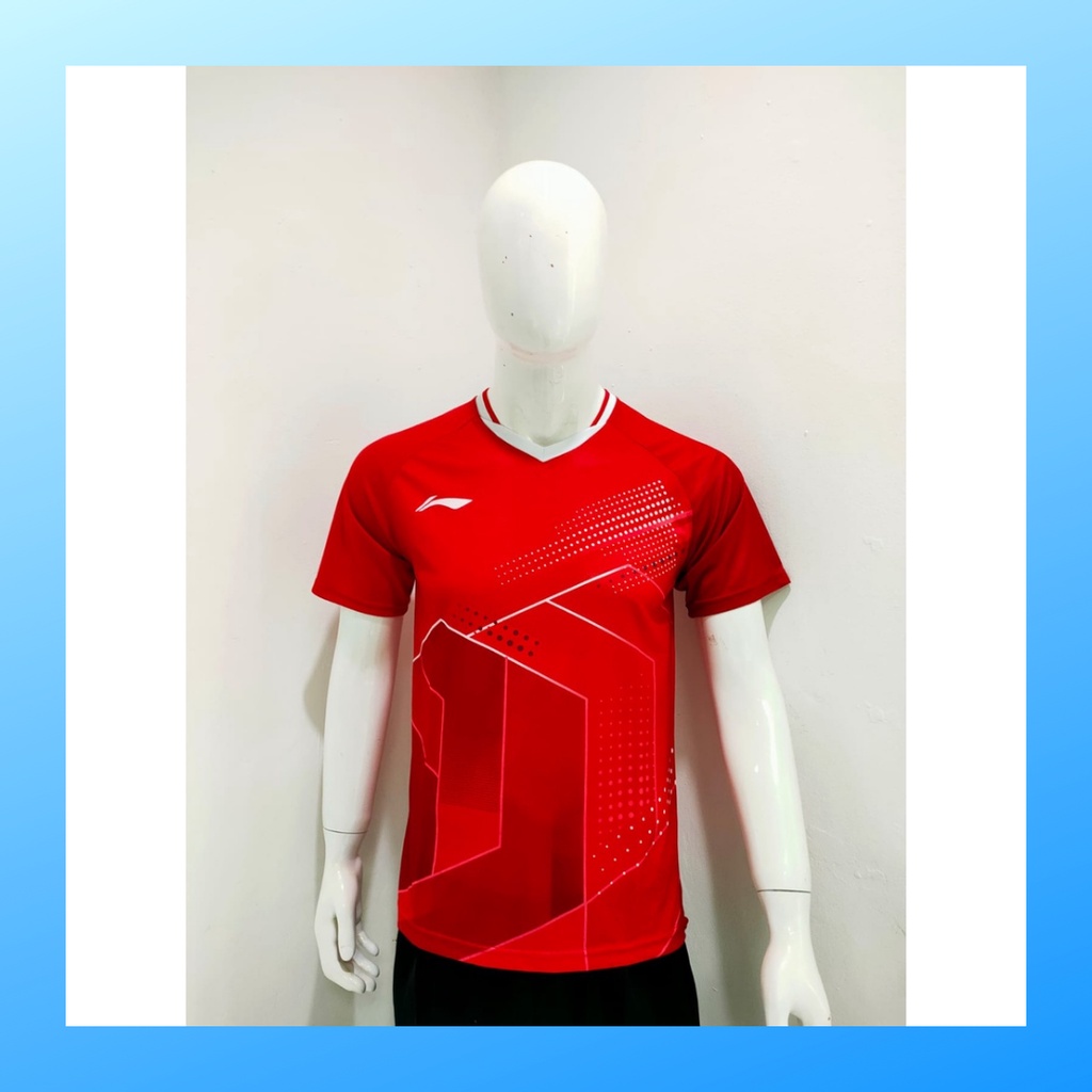 Kaos bulutangkis pria baju badminton atasan jersy wanita dewasa t-shirt outfit seragam kostum jersey olahraga casual suit pakaian jarsey oblong apparel sports jersi sudirman thomas uber cup bulu tangkis L157 merah polos