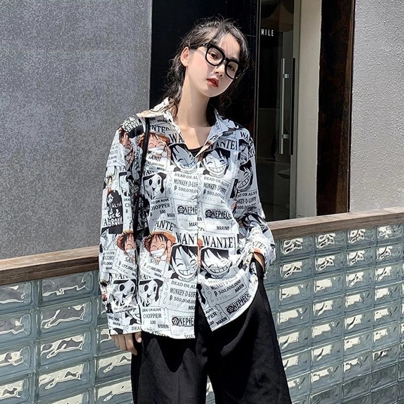 Kemeja Shirt Koko Lengan Panjang Bowling Pantai Anime One Piece Monkey D Luffy Manga