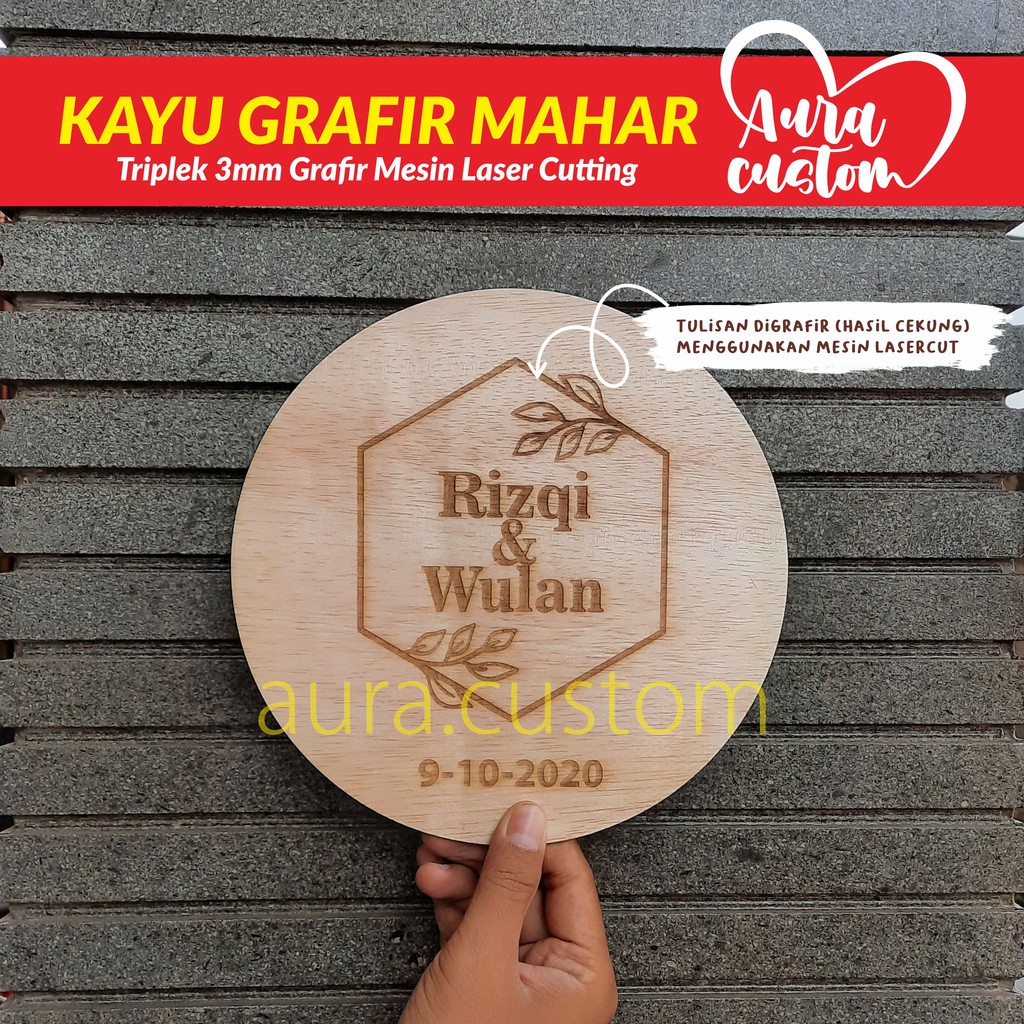 kayu grafir nama hiasan box mahar rustic | scrapbook | triplek bulat grafir nama dekor mahar diy