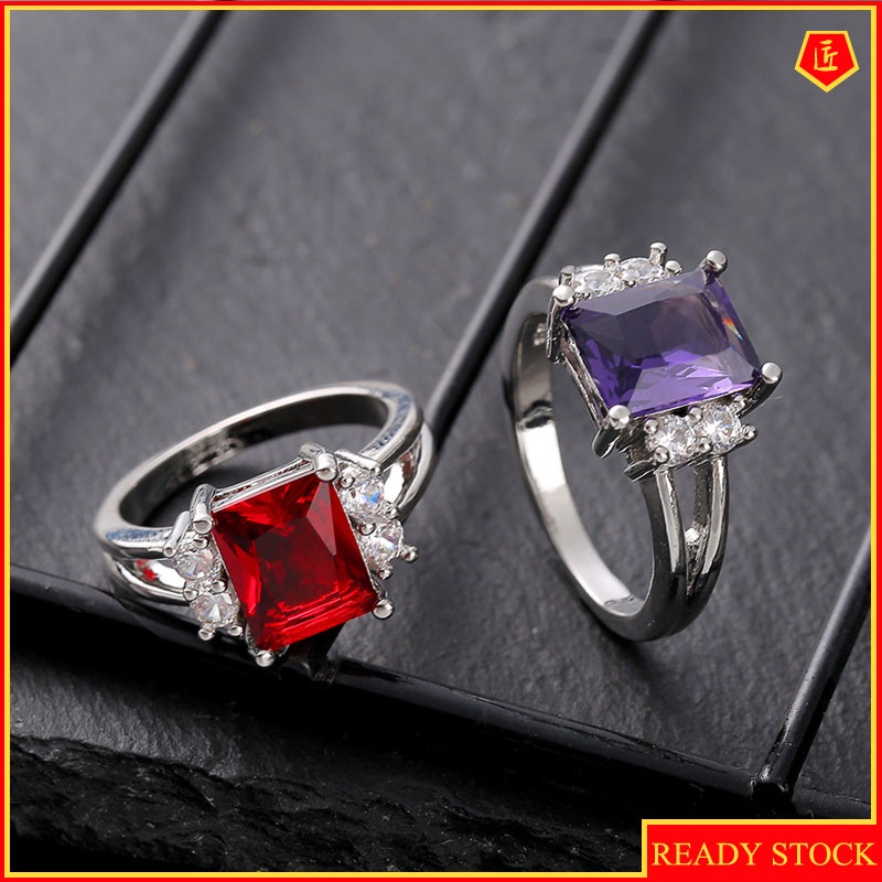 [Ready Stock]Simple Korean Style Platinum Square Colored Gems Ring