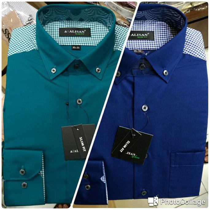 PROMO KEMEJA PRIA ALISAN SLIMFIT PANJANG BIRU NAVY HIJAU TOSCA KOMBI PUNDAK - NAVY, XL