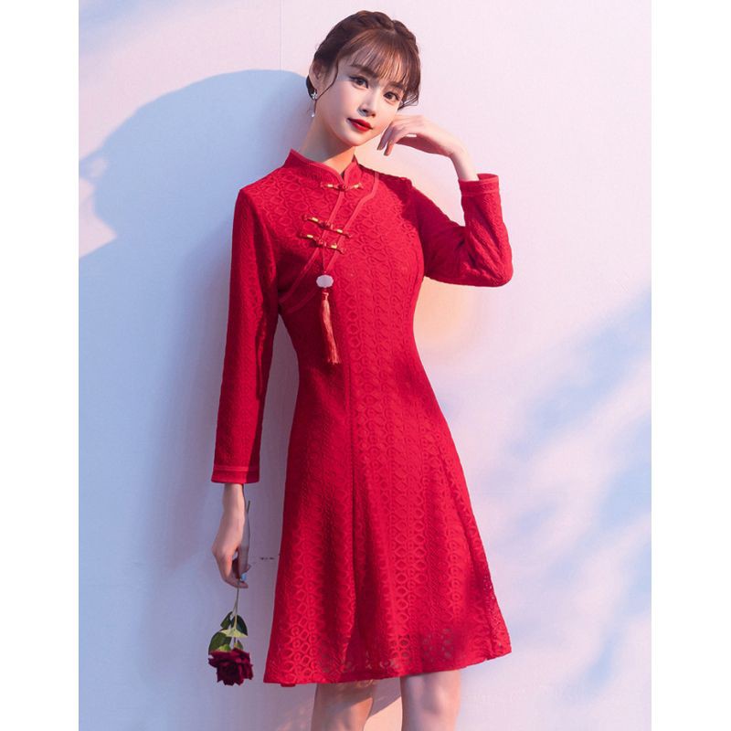 dress cheongsam wanita warna merah  model cantik bahan brukat korea