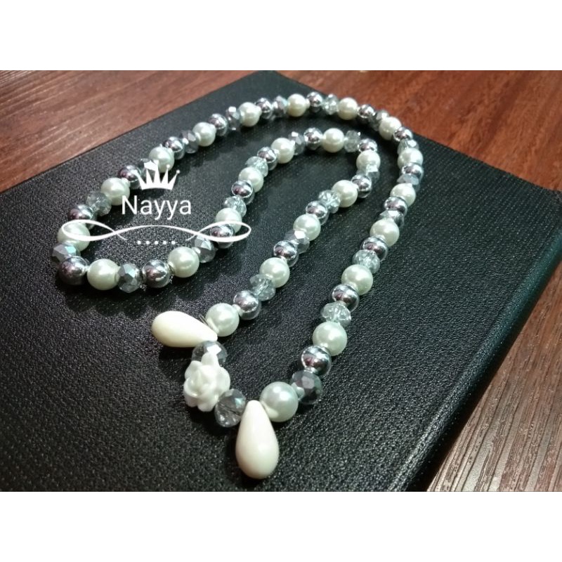 kalung anak perempuan mutiara sintetis mix kristal dan mote silver