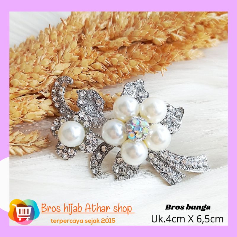 Athar shop COD Bros mutiara kristal fashion korea aksesoris fashion pin bros tuspin-Kamelia silver putih