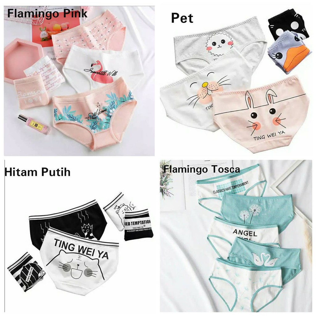 Ready Stock Gojek Celana Dalam Wanita set 5pcs Underwear Cewek Cotton lucu pakaian dalam