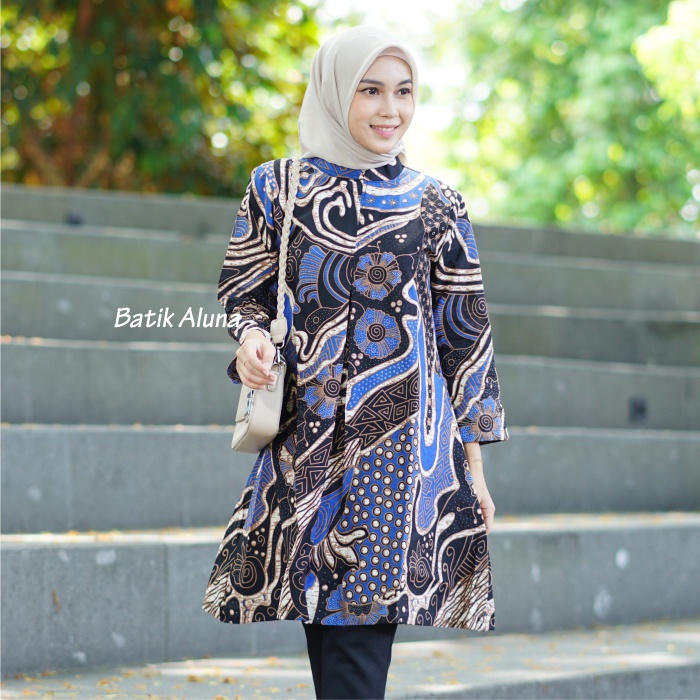 Tunik Atasan Batik Wanita Lengan Panjang Modern Premium Kantor Jumbo Terbaru  FASHION BATIK ALUNA