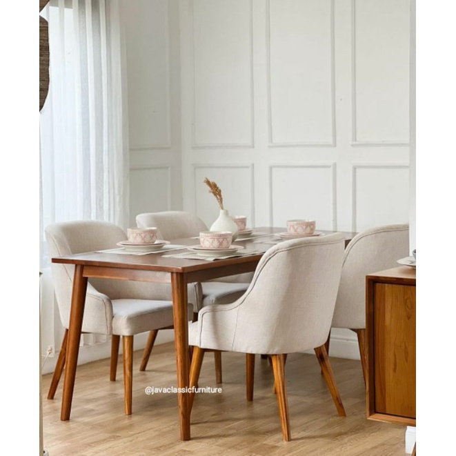 KURSI MEJA MAKAN JOK SCANDINAVIA CAFE RESTO RESTORAN MEWAH RUANG TAMU KELUARGA DINNING SET KITCHEN BAHAN RANGKA KAYU JATI BUSA EMPUK KAIN BLUDRU HALUS LEMBUT FURNITURE JEPARA-1