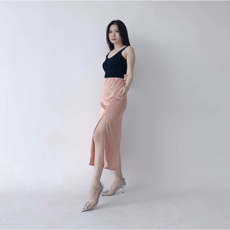 MADELINE SATIN MIDI SKIRT PREMIUM KOREA - ROK PESTA SATIN WITH SLIT MEWAH - SKIRT 3/4 - ROK KONDANGAN - HADIAH / KADO ULTAH WANITA