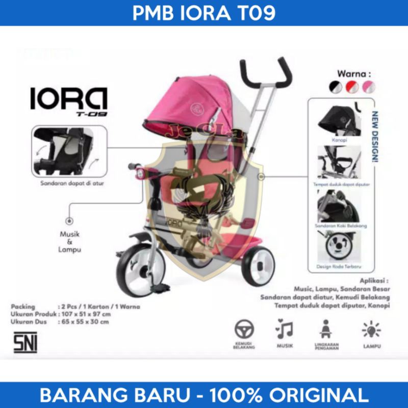 Sepeda Anak Roda 3 Tiga Usia 1-3 Tahun PMB IORA T 09 T09 Musik Lampu Kanopi Dorongan