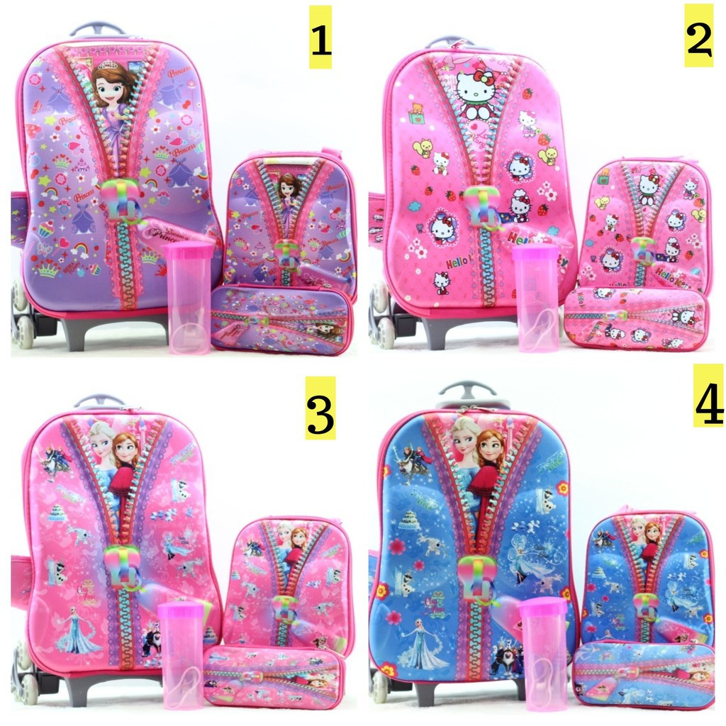 (RK)Tas Troli Anak Anak Perempuan TK SD Frozen Sofia Hello Kitty Princess /Tas Dorong Anak Roda 3