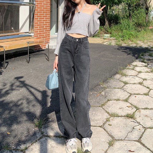 Celana Panjang Boyfriend Jeans Wanita Highwaist Abu-abu hitam