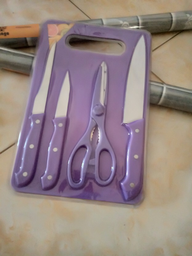 Cod - J2low - Partyhouse -set Pisau Dapur Knife Set 5in1 + Talenan Stainless Pisau Dapur 20cmx30cm