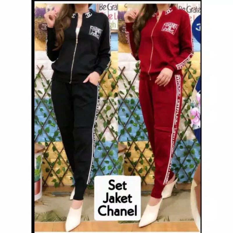 Ms Set Jaket Chanel sweater stelan training wanita