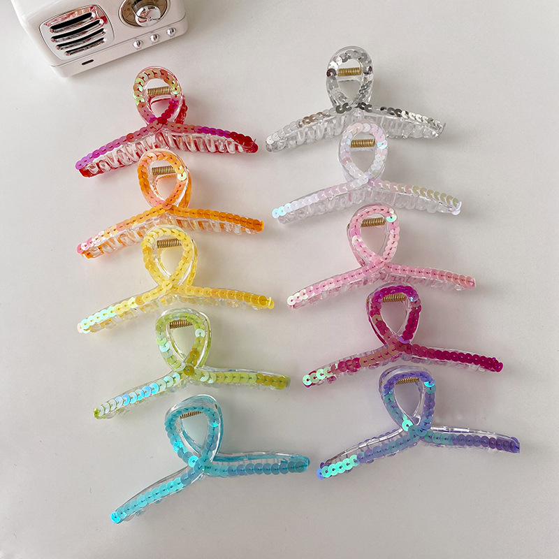 Kami Bunga Musim Panas Fashion Bersinar Sequin Acrylic Hair Claw Clip Untuk Wanita Perempuan Korea Besar Warna-Warni Resin Jepit Rambut Ponytail Holder Hair Clamp Aksesoris