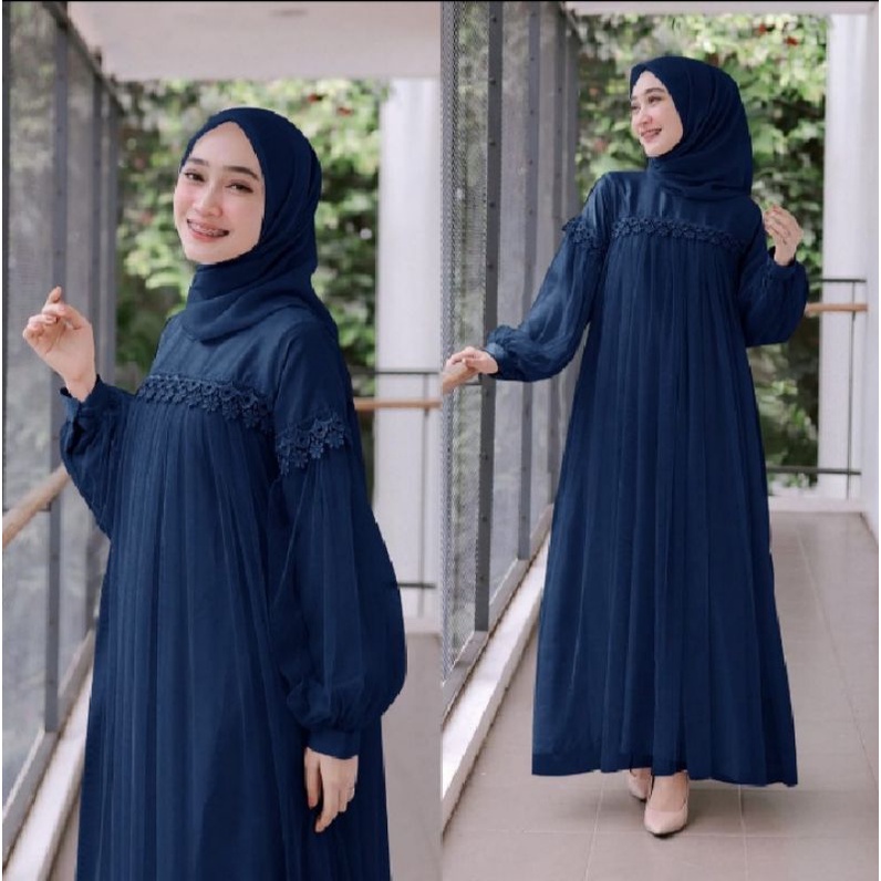 MAXI DRESS PANJANG NURAINI | GAMIS MUSLIM MURAH PEREMPUAN BROKAT TILE CANTIK RENDA IMPORT TERBARU-NAVY