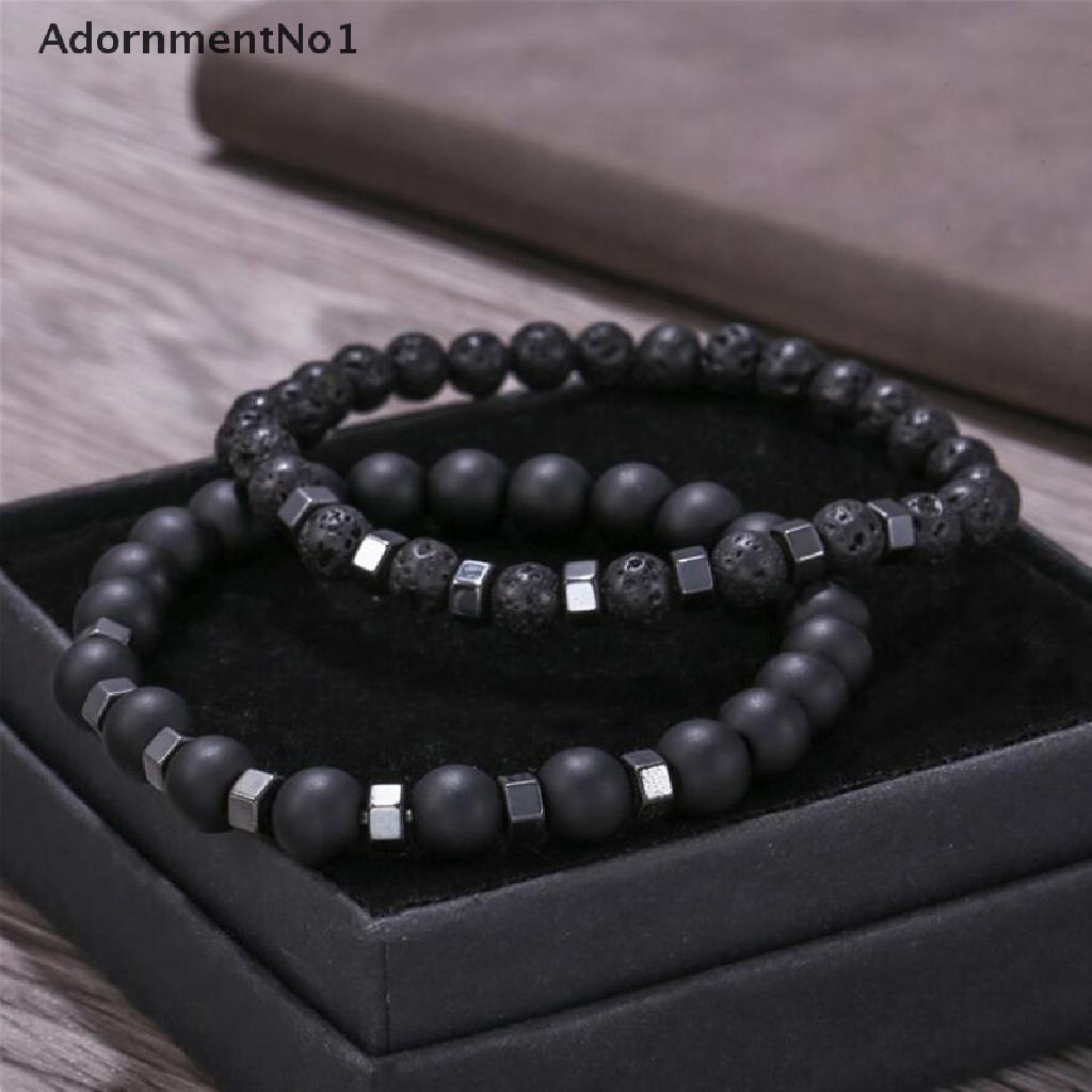 (AdornmentNo1) 2pcs / Set Gelang Manik Batu Lava Volkanik Alami Elastis Untuk Pria