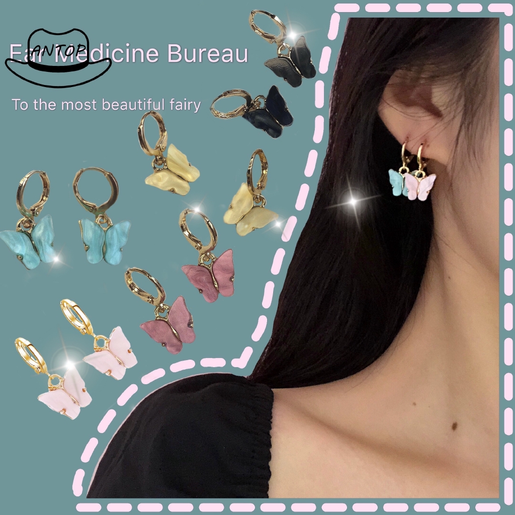 Antop！6 Warna Mode Korea Anting Kupu-kupu Lady Kupu-kupu Pendant Earrings Acrylic Drop Earrings Hoop Gadis Perhiasan