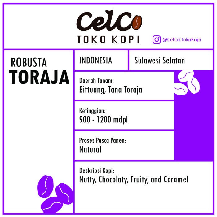 

Kopi Robusta Toraja 200gr | by Celco Toko Kopi | Kopi Biji & Bubuk