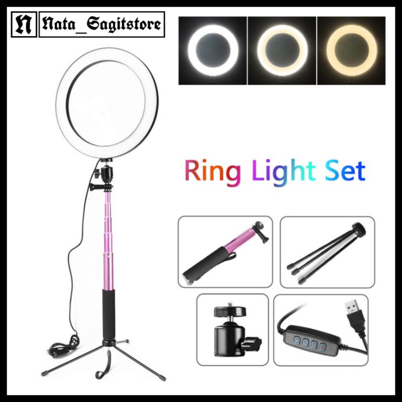 Lampu Halo Ring Light LED Kamera 16CM + Tongsis Tripod