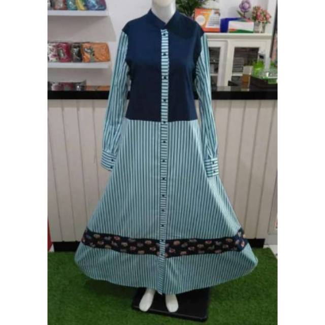 Gamis Abaya Dannis Stripe Bunga M Navy