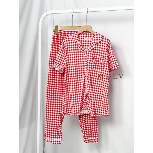 MDLV ~ Baju Tidur Set Square Red CP Baju tidur Piyama Dewasa Celana Panjang Fashion Wanita