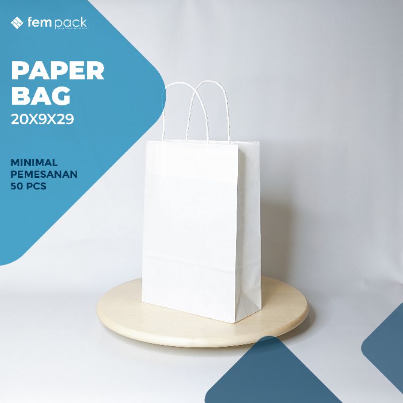 

Paper bag White Packaging Kantong Kertas Putih Custom Logo Ukuran 20x9x29