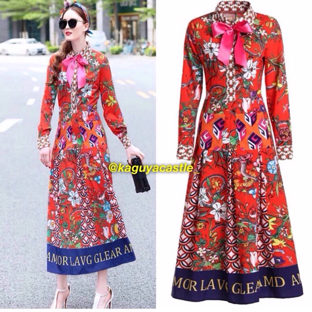 DRESS MIDI GU* FLOWERS WITH RIBBON PINK/dress casual/dress gu*cci/dress kemeja/dress branded/dres