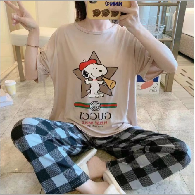 AJW Shop Baju Tidur Piyama Set 50 Motif | Setelan Wanita Import | Baju Tidur Wanita Dewasa | Piyama Wanita-Snoopy Gucci Coklat