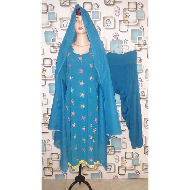 Long kurti biru jumbo bordir/patiyala set biru (set baju india) preloved