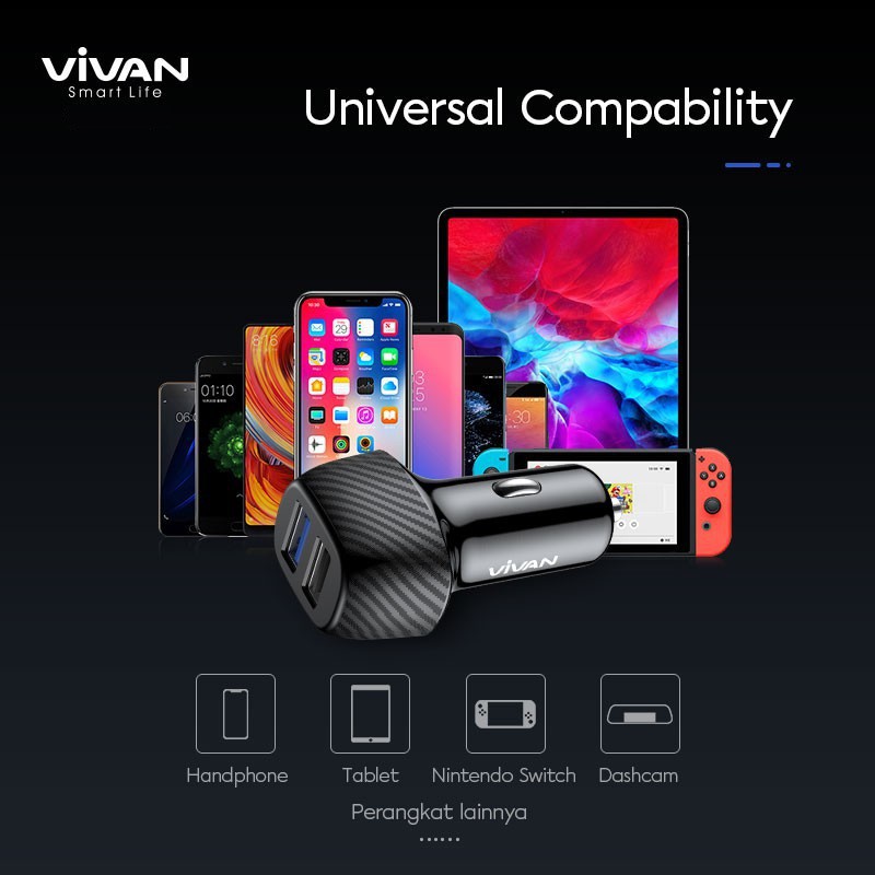 Car Charger VIVAN CC02Q 30W Dual Port USB-A 3A Quick Charge 3.0 - Garansi Resmi 1 Tahun