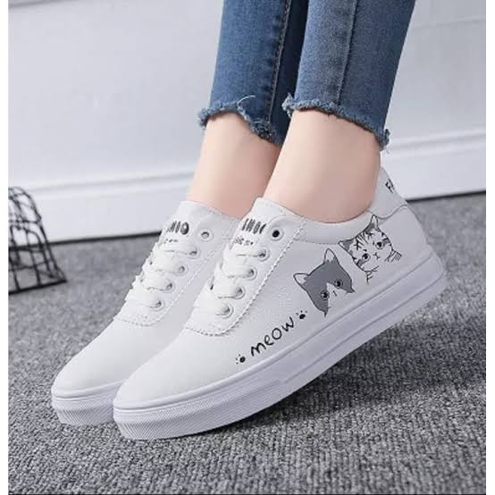 Sepatu Anak & Dewasa Sneakers Motif MEOW Putih Abu Murah Lucu