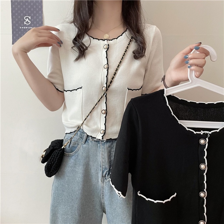 #Sisjuly# Wanita Lengan Pendek Putih Atasan Tipis Sweater Rajut Baru Kardigan Bawahan Pendek Wanita