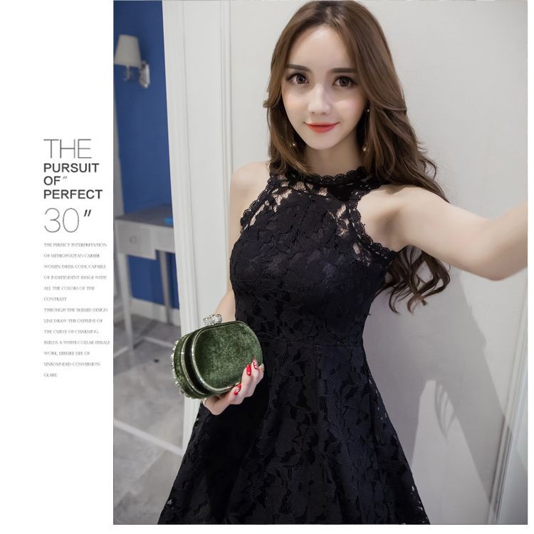 oi660- baju terusan wanita dress baju pesta import hitam brokat halter