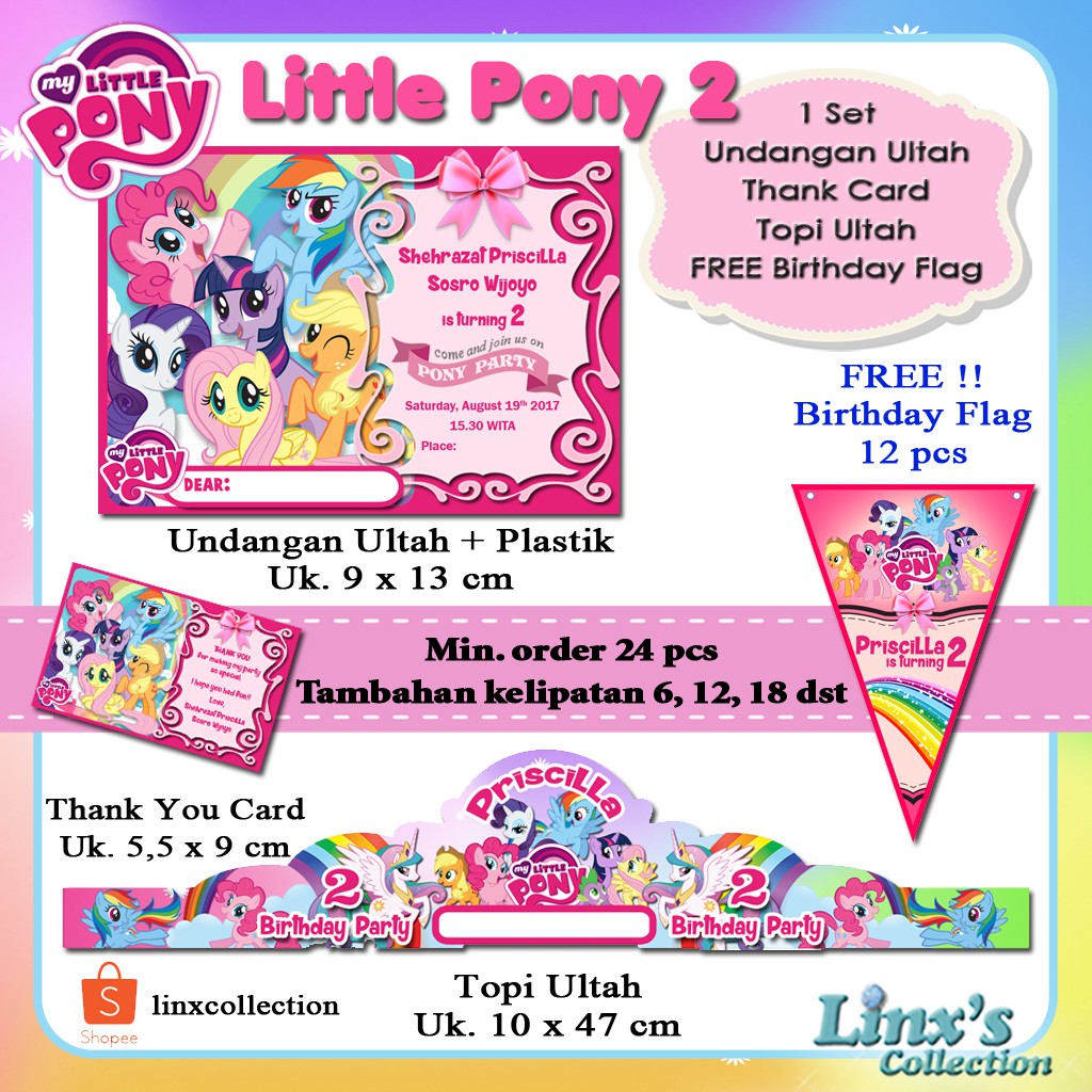 1 Set Undangan Ultah Anak Kartu Souvenirtopi Ulang Tahun My Little Pony